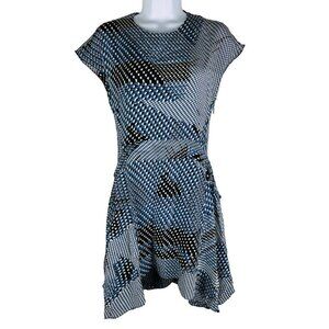 JUICY Couture Women's Blue White Geometric Print Silk Ruffle Dress Size 0